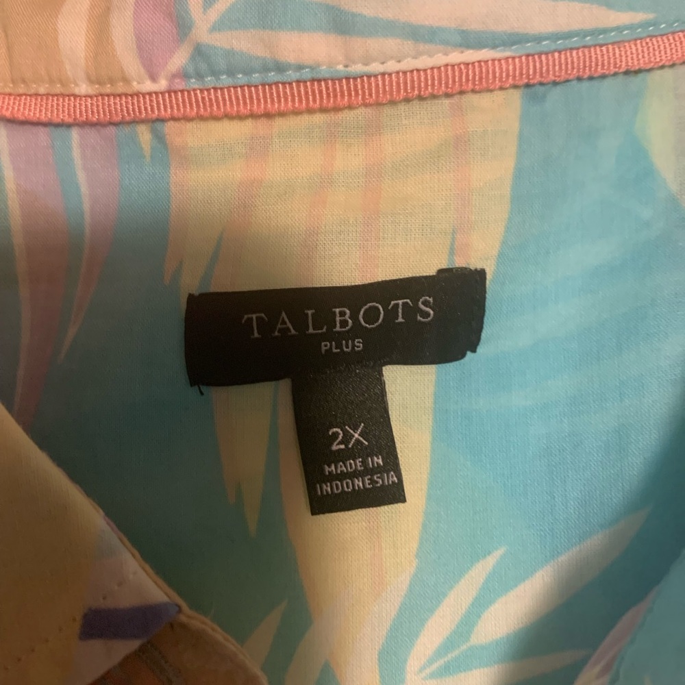 Talbots Plus Pastel Tropical Print Shirt in Aqua and Pink sz 2X